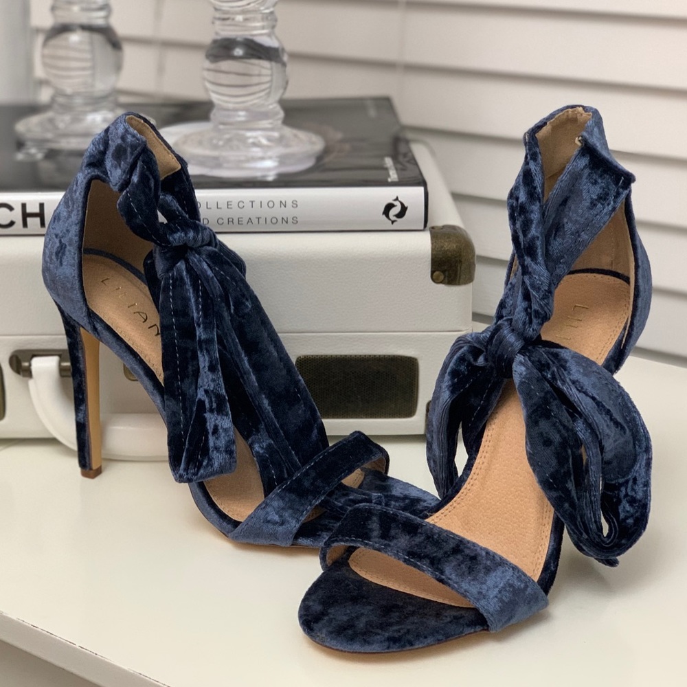 Liliana Blue Velvet Ankle Wrap Heels 8